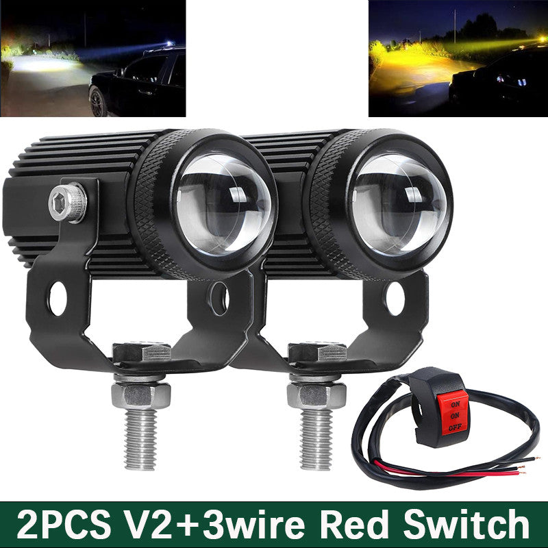 2PCS Motocycle Mini Driving Light White+Yellow with Bifocal Lens and Domino Switch - Universal Waterproof Pai