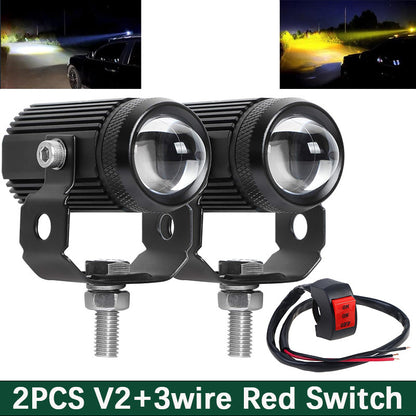2PCS Motocycle Mini Driving Light White+Yellow with Bifocal Lens and Domino Switch - Universal Waterproof Pai