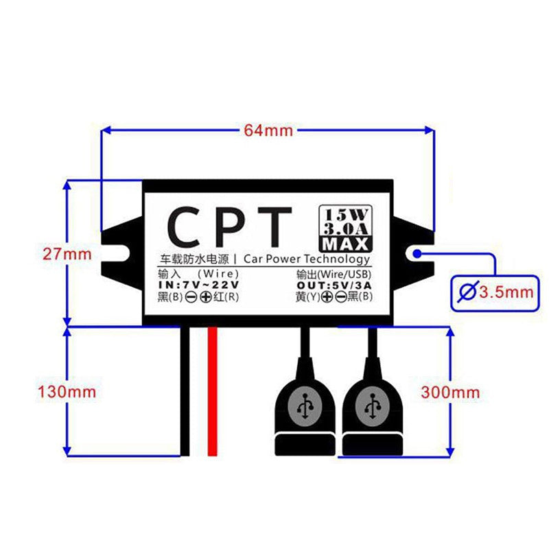 DC-DC 12V to 5V 3A 15W Power Converter Module - Dual USB Female DC Power Adapter - Car Power Converter