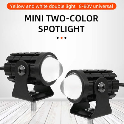 2PCS Motocycle Mini Driving Light White+Yellow with Bifocal Lens and Domino Switch - Universal Waterproof Pai