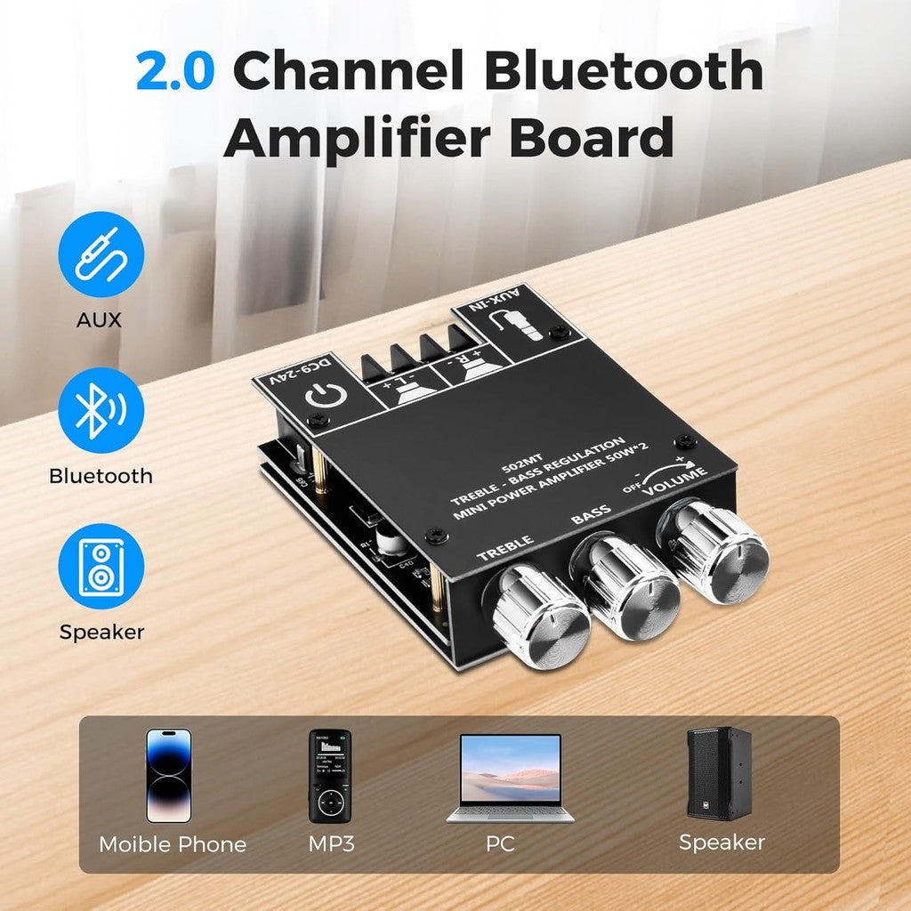 ZK-502MT Bluetooth Amplifier Board 50W+50W 2.0 Channel Amp Board with Treble and Bass Control DC 9-24V Bluetooth and AUX Inputs Audio Amp Board for Home DIY Wireless Speakers
