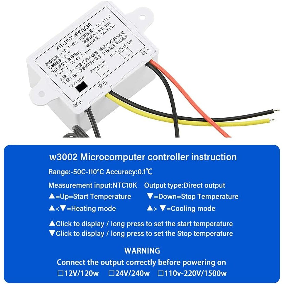 XH-W3002 220V 12V 24V Incubator Multifunction Digital Temperature Controller 1500W Thermostat Control Switch
