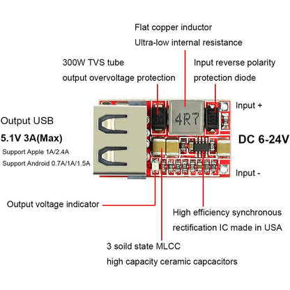 6-24V 24V 12V to 5V USB Step Down Module DC-DC Converter Phone Charger Car Power Supply Module Efficiency 97.5% Buck Module