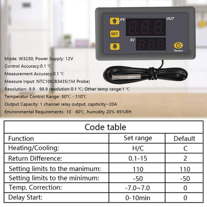 W3230 DC 12V/24V 20A AC 220V 10A Digital LCD Thermostat Temperature Controller with Probe