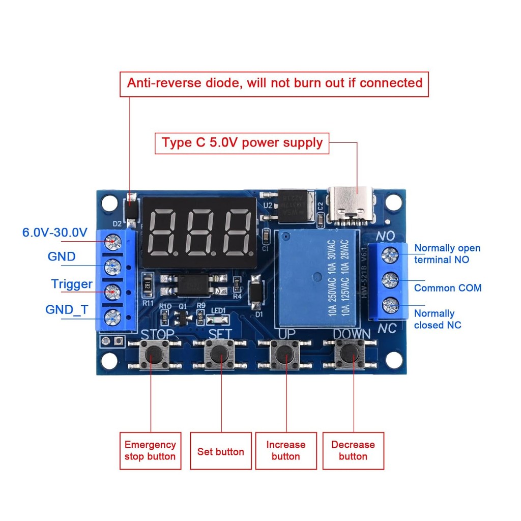 DC 6-30V Support Micro USB 5V LED Display Automation Cycle Delay Timer Control Off Switch Delay Time Relay 6V 9V 12V 24V