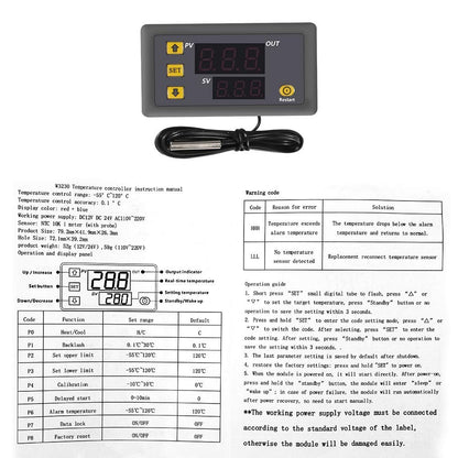W3230 DC 12V/24V 20A AC 220V 10A Digital LCD Thermostat Temperature Controller with Probe