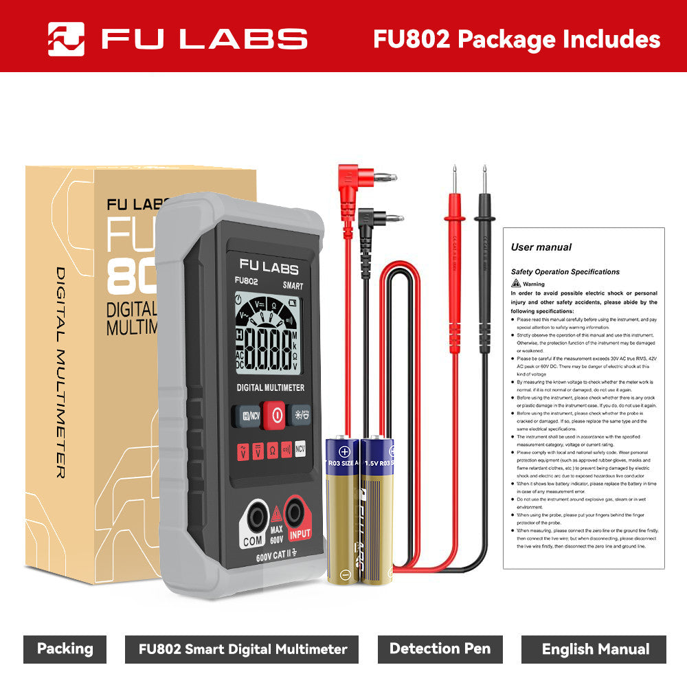 FU LABS Smart Mini Digital Multimeter 600V Auto Range Multimeter AC DC Voltage Resistance Continuity Tester with Backlight NCV Non-contact Multimeter HT123