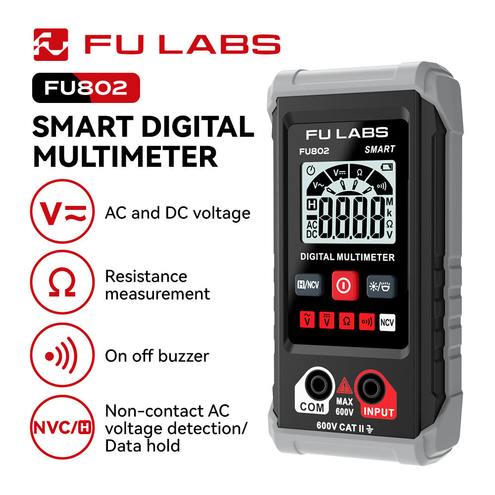 FU LABS Smart Mini Digital Multimeter 600V Auto Range Multimeter AC DC Voltage Resistance Continuity Tester with Backlight NCV Non-contact Multimeter HT123