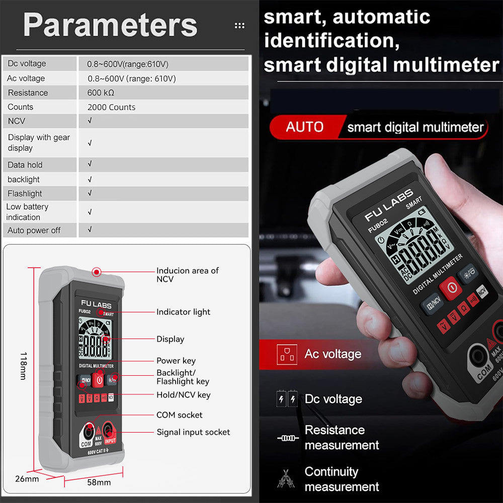 FU LABS Smart Mini Digital Multimeter 600V Auto Range Multimeter AC DC Voltage Resistance Continuity Tester with Backlight NCV Non-contact Multimeter HT123