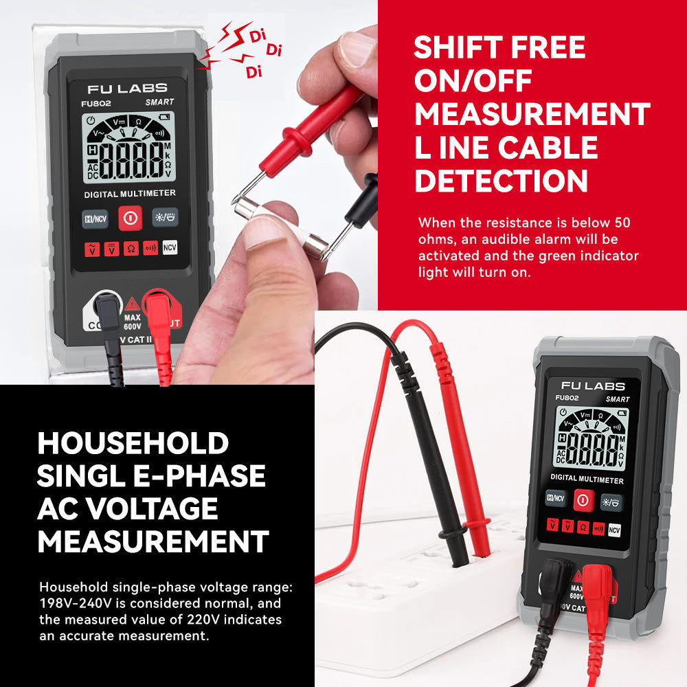 FU LABS Smart Mini Digital Multimeter 600V Auto Range Multimeter AC DC Voltage Resistance Continuity Tester with Backlight NCV Non-contact Multimeter HT123