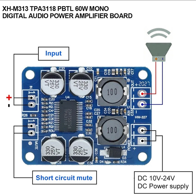 XH-M313 DC8-24V TPA3118 PBTL 60W Mono Digital Audio Amplifier Board AMP Module Chip 1X60W 2-8 Ohms