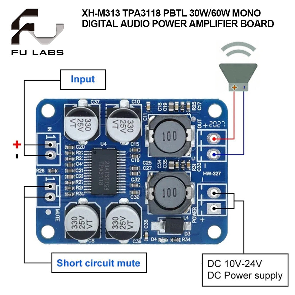 XH-M313 DC8-24V TPA3118 PBTL 60W Mono Digital Audio Amplifier Board AMP Module Chip 1X60W 2-8 Ohms