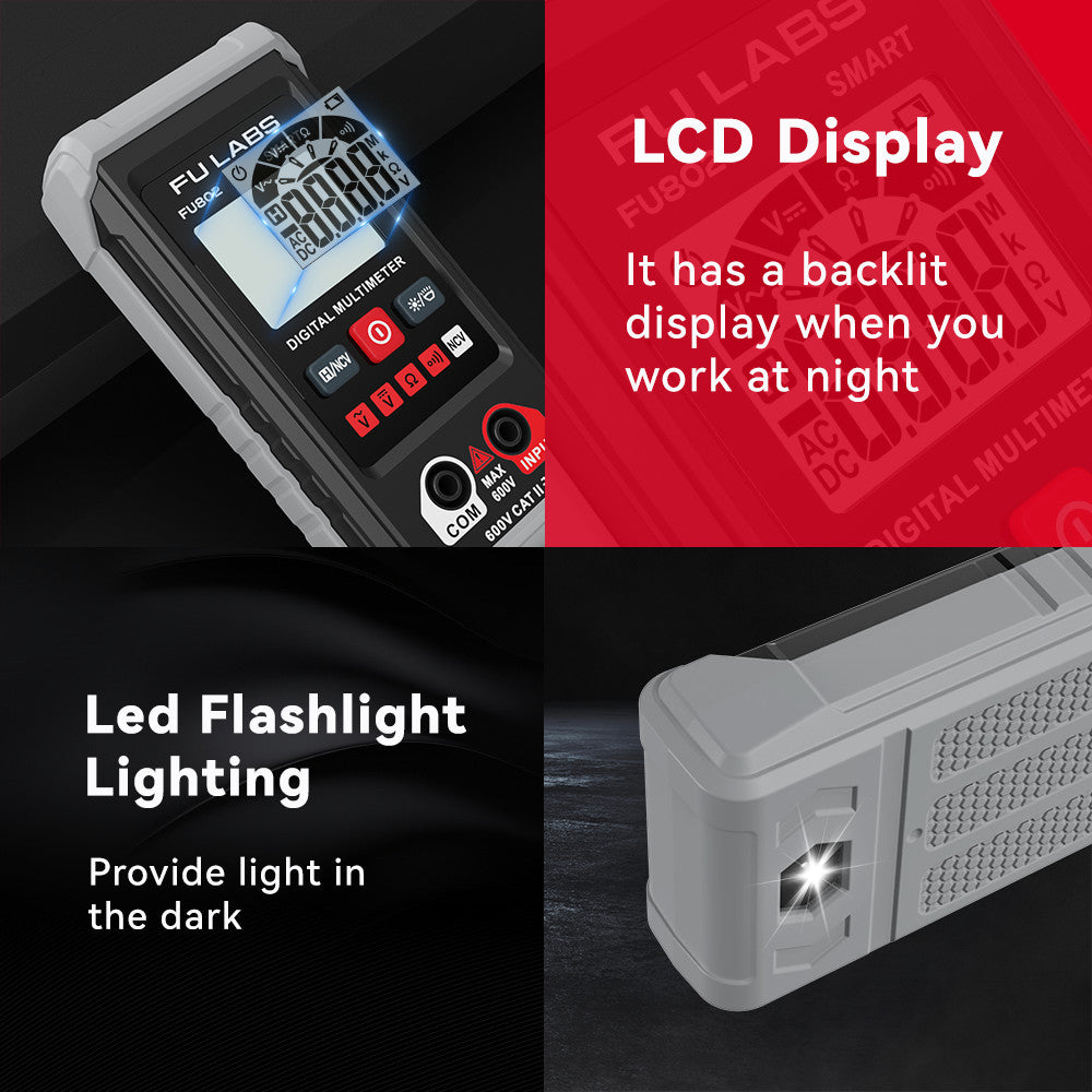 FU LABS Smart Mini Digital Multimeter 600V Auto Range Multimeter AC DC Voltage Resistance Continuity Tester with Backlight NCV Non-contact Multimeter HT123