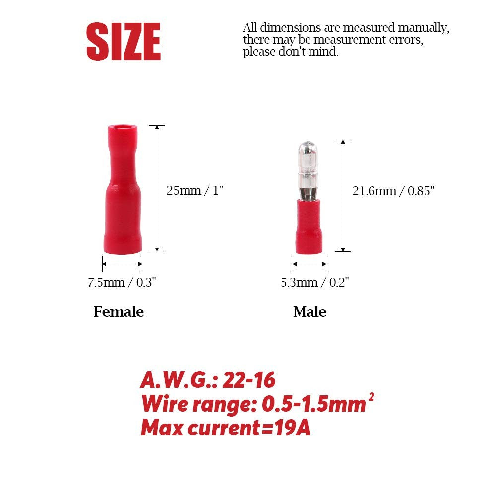 Five colour Wire electrical insulation connector crimper bullet head terminal 22 ~ 16 AWG wiring 50 = 25 male+25 female