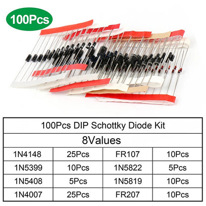 100pcs Diode Assorted Kit 8 Values DIY Electronic Components Diode Assortment Standard Recovery Power Rectifier Diode1N4148 1N4007 FR107 FR207 1N5819 1N5399 1N5408 1N5822
