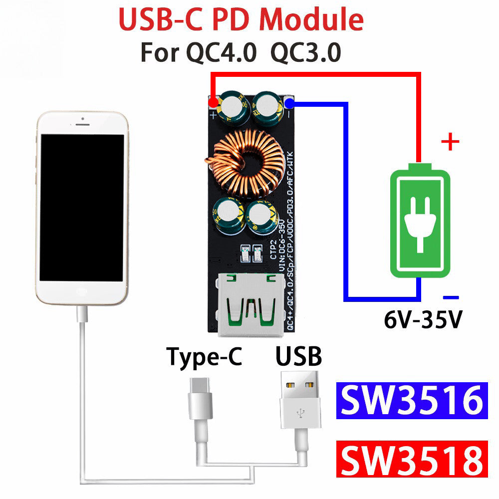 1pcs SW3518 / SW3516 QC4.0 QC3.0 USB Type-C Mobile Phone Quick Charge Adapter 6 -35V Step Down Buck Boost Module