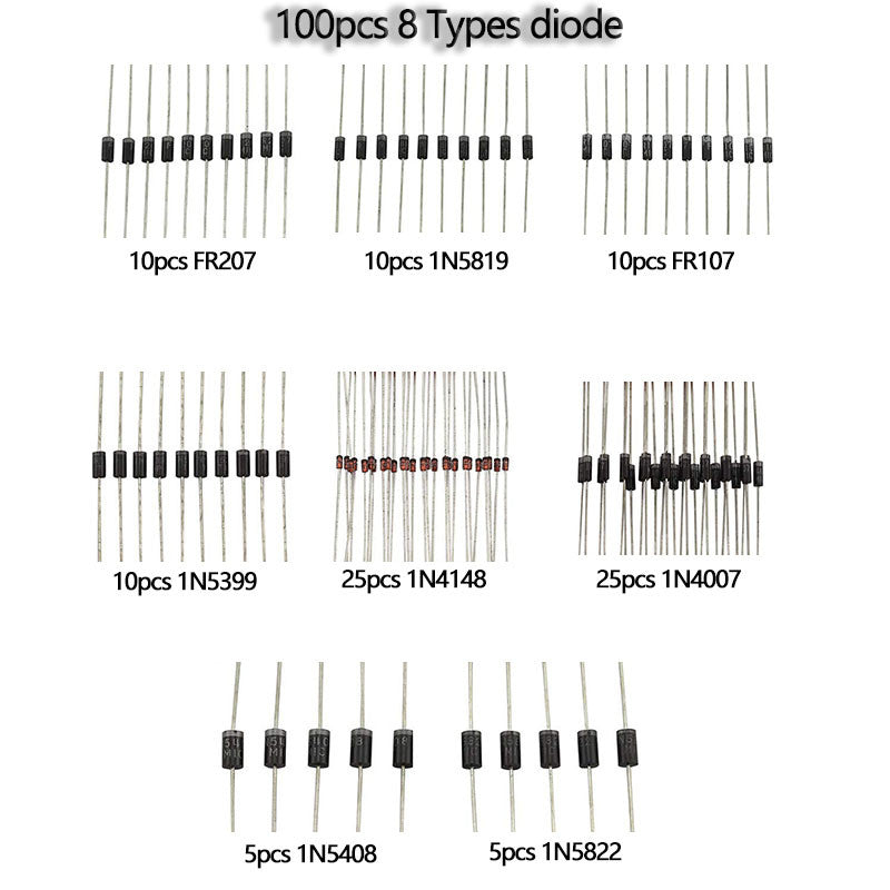 100pcs Diode Assorted Kit 8 Values DIY Electronic Components Diode Assortment Standard Recovery Power Rectifier Diode1N4148 1N4007 FR107 FR207 1N5819 1N5399 1N5408 1N5822