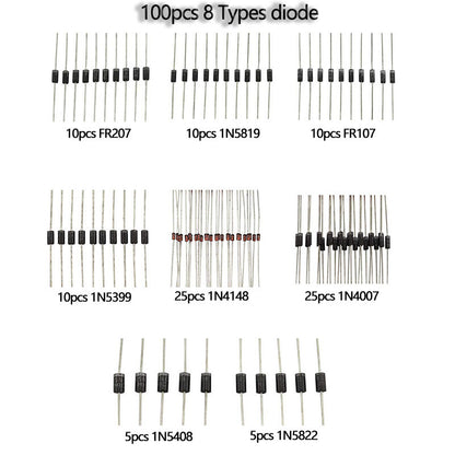 100pcs Diode Assorted Kit 8 Values DIY Electronic Components Diode Assortment Standard Recovery Power Rectifier Diode1N4148 1N4007 FR107 FR207 1N5819 1N5399 1N5408 1N5822