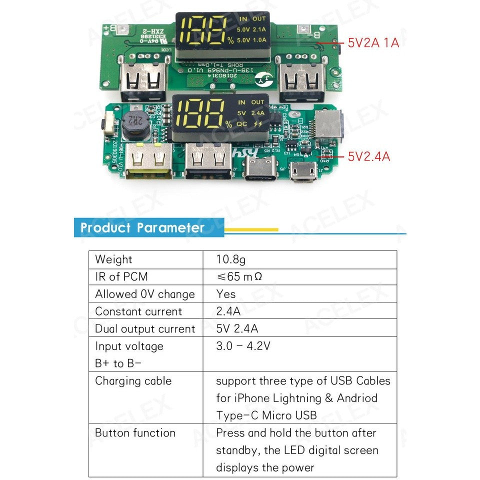 LED Dual USB 5V 2.4A 2A 1A Micro/Type-C USB Mobile Power Bank 18650 Charging Module Lithium Battery Charger Board Circuit Protection