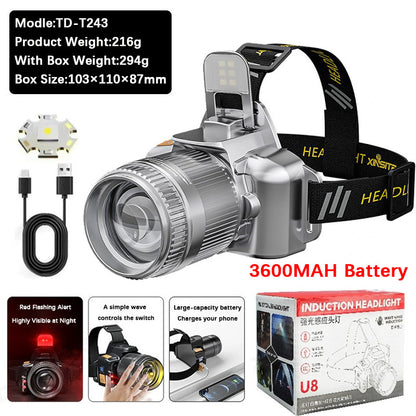 Headlight Flashlight Rechargeable Waterproof Zoomable Induction Headlamp Outdoor Emergency Light