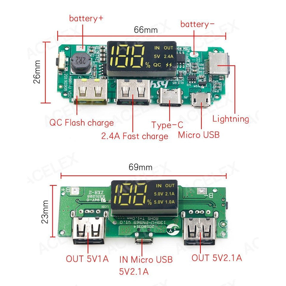 LED Dual USB 5V 2.4A 2A 1A Micro/Type-C USB Mobile Power Bank 18650 Charging Module Lithium Battery Charger Board Circuit Protection