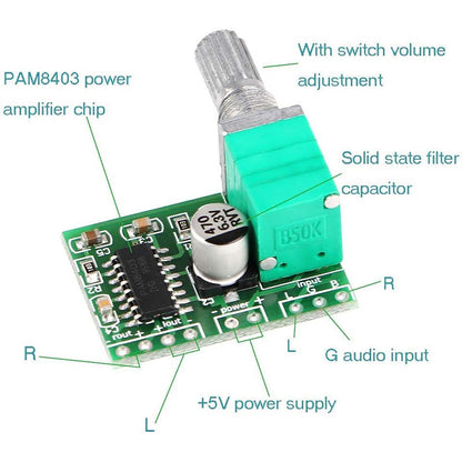 Mini PAM8403 5V Power Audio Amplifier Board 2 Channel 2 * 3W Volume Control / USB Power