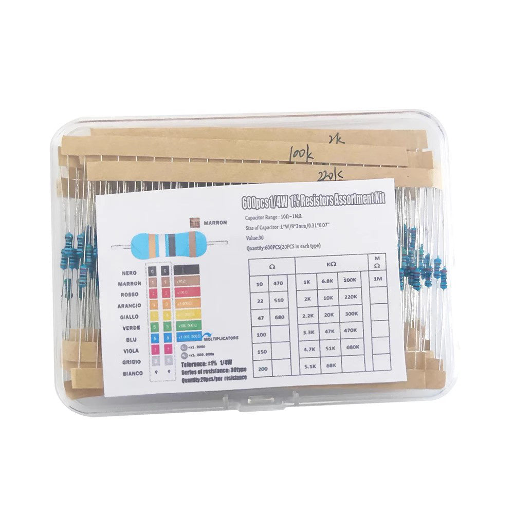 300pcs 600pcs 1/4W Resistance 1% 30 Kind Each 10pcs/20pcs Film Resistor Assorted Kit with box