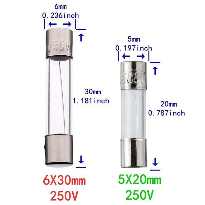 10Pcs 5x20mm 6x30mm Glass Tube Fuse Kit 250V 0.1A 0.2A 0.5A 0.8A 1A 2A 2.5A 3A 4A 5A 6.3A 7A 8A 10A 12A 15A 20A 30A AMP Circuit Fast Blow Fuses