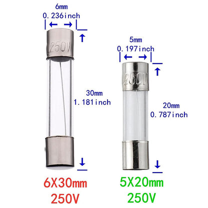 10Pcs 5x20mm 6x30mm Glass Tube Fuse Kit 250V 0.1A 0.2A 0.5A 0.8A 1A 2A 2.5A 3A 4A 5A 6.3A 7A 8A 10A 12A 15A 20A 30A AMP Circuit Fast Blow Fuses