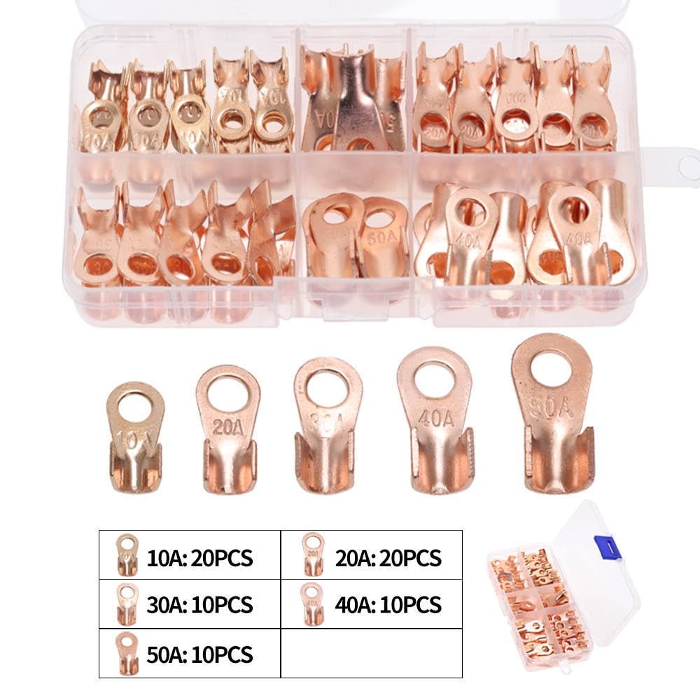 70PCS Copper Battery Cable Connector Terminal Open Lugs Wire Terminals OT 10/20/30/40/50A