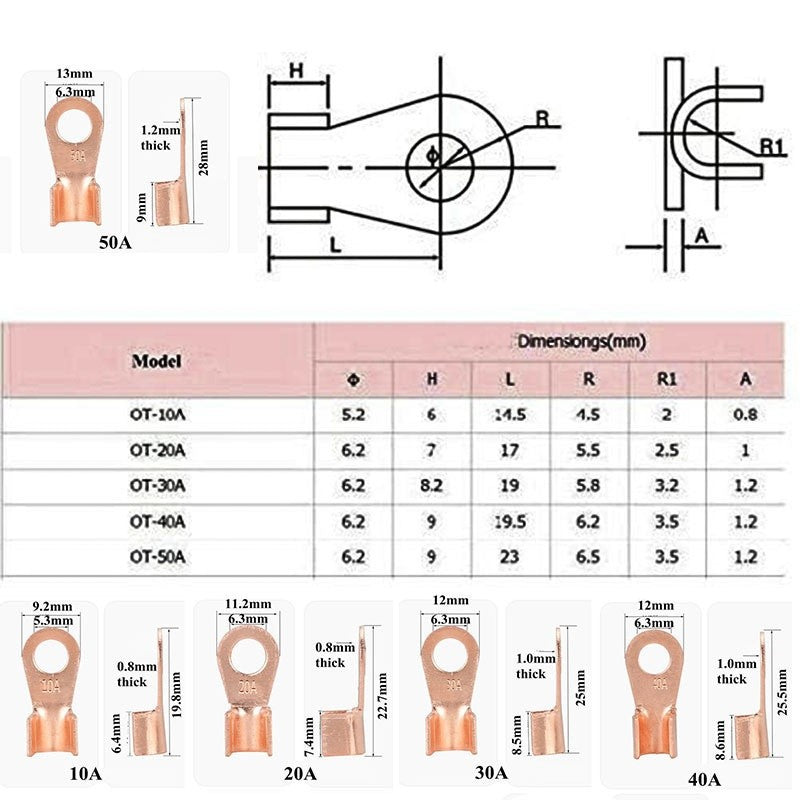 70PCS Copper Battery Cable Connector Terminal Open Lugs Wire Terminals OT 10/20/30/40/50A