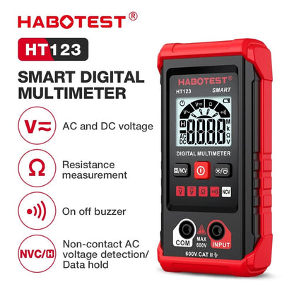 HT123 Smart Mini Digital Multimeter 600V Auto Range Multimeter AC DC Voltage Resistance Continuity Tester with Backlight NCV Non-contact Multimeter