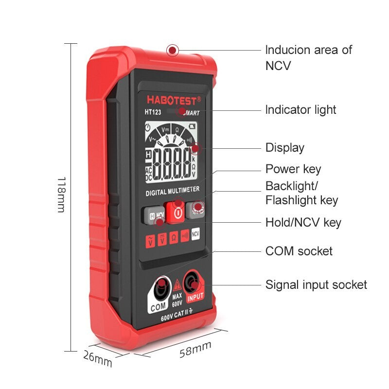 HT123 Smart Mini Digital Multimeter 600V Auto Range Multimeter AC DC Voltage Resistance Continuity Tester with Backlight NCV Non-contact Multimeter
