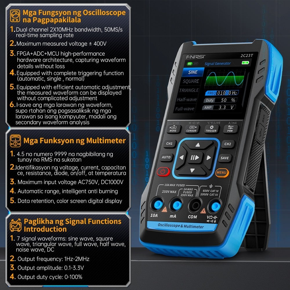 Fnirsi 2C23T Handheld Digital Oscilloscope Multimeter+Function Signal Generator 2023 Latest 3IN1 Dual Channel 10MHZ * 2 50MS/s 30X17CM