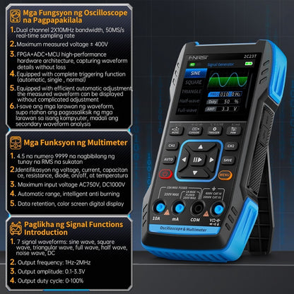 Fnirsi 2C23T Handheld Digital Oscilloscope Multimeter+Function Signal Generator 2023 Latest 3IN1 Dual Channel 10MHZ * 2 50MS/s 30X17CM
