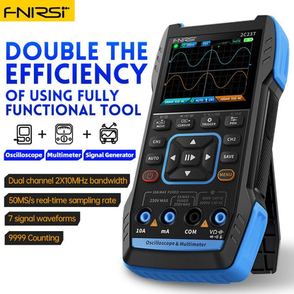 Fnirsi 2C23T Handheld Digital Oscilloscope Multimeter+Function Signal Generator 2023 Latest 3IN1 Dual Channel 10MHZ * 2 50MS/s 30X17CM