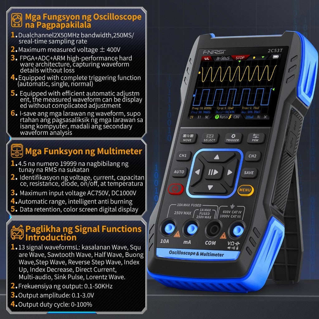 FNIRSI 2C53T 3in1 Multimeter Digital Oscilloscope Built-in DDS Function Signal Generator 2 Channel 50MHz Bandwidth 250MS Rate 22X14CM