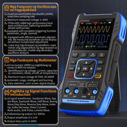 FNIRSI 2C53T 3in1 Multimeter Digital Oscilloscope Built-in DDS Function Signal Generator 2 Channel 50MHz Bandwidth 250MS Rate 22X14CM