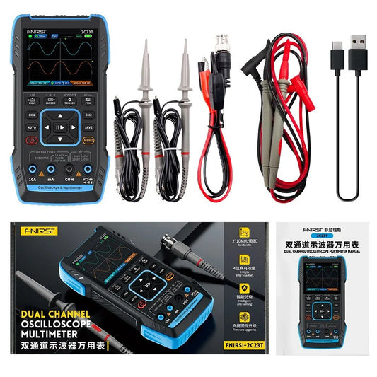 Fnirsi 2C23T Handheld Digital Oscilloscope Multimeter+Function Signal Generator 2023 Latest 3IN1 Dual Channel 10MHZ * 2 50MS/s 30X17CM