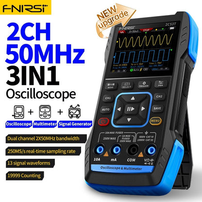 FNIRSI 2C53T 3in1 Multimeter Digital Oscilloscope Built-in DDS Function Signal Generator 2 Channel 50MHz Bandwidth 250MS Rate 22X14CM