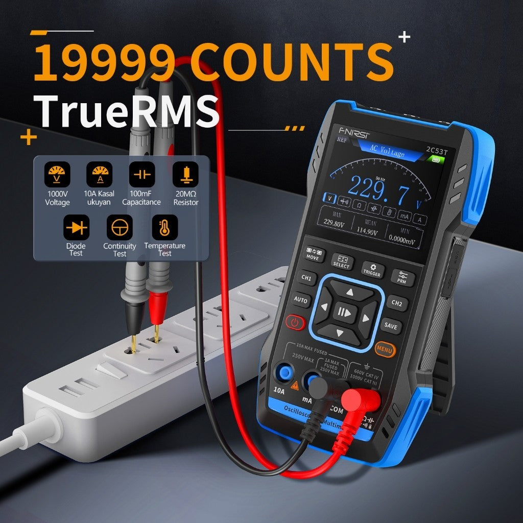 FNIRSI 2C53T 3in1 Multimeter Digital Oscilloscope Built-in DDS Function Signal Generator 2 Channel 50MHz Bandwidth 250MS Rate 22X14CM