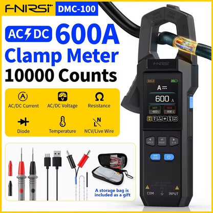 FNIRSI DMC-100 DC AC Current Clamp Meter 10000 Counts Digital Multimeter 600A Amperimetric Clamp Tester NCV Electrician Tools 22X11CM