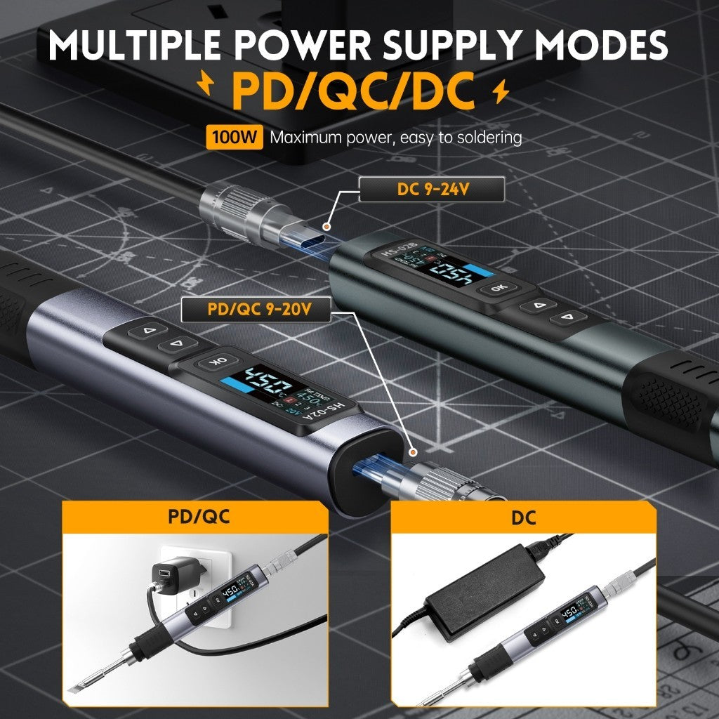 Fnirsi HS-02 Adjustable Temperature Soldering Iron DC 20V 100-450℃Solder Rework Station PD 100W Portable Repair Tool 18X2CM