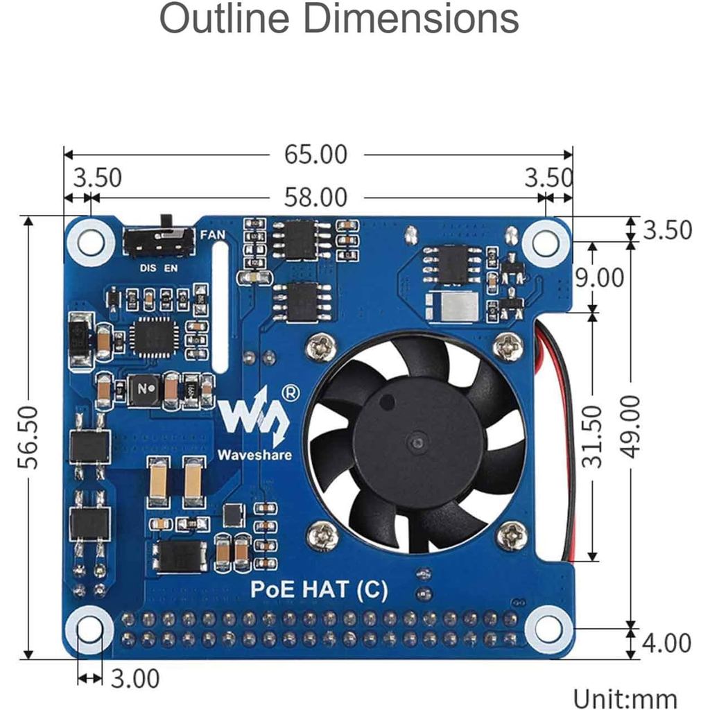 Waveshare Power Over Ethernet (PoE) HAT for Raspberry Pi 4B/3B+, 802.3af/at PoE Network Standard, 5V USB-A&12V Header Outputs, PoE HAT Onboard Cooling Fan and MP8676 Buck Chip