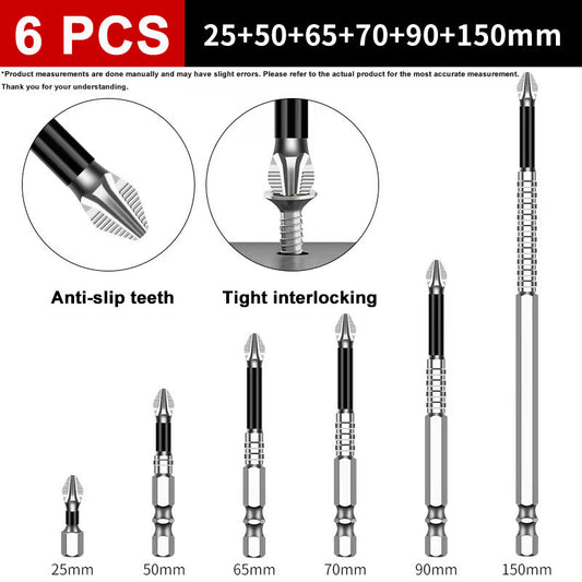 6PCS Magnetic Screwdriver Bits Set Anti-Slip PH2 Standard Phillips Screw Driver Drill Set 25mm-150mm