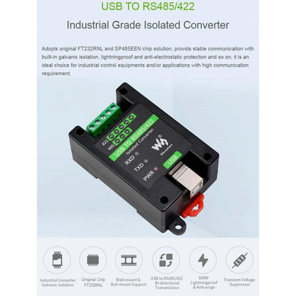 Waveshare USB to RS485/422 Converter Onboard FT232RL and SP485EEN Chip, Galvanic Isolated Converter with Multiple Protection, Support Win11/10/8.1/8/7/XP, Mac, Linux, Android
