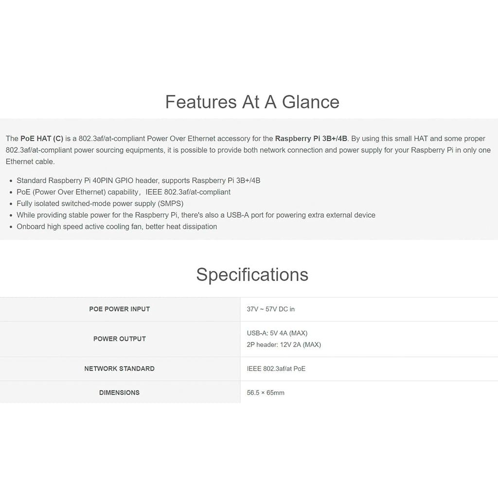 Waveshare Power Over Ethernet (PoE) HAT for Raspberry Pi 4B/3B+, 802.3af/at PoE Network Standard, 5V USB-A&12V Header Outputs, PoE HAT Onboard Cooling Fan and MP8676 Buck Chip