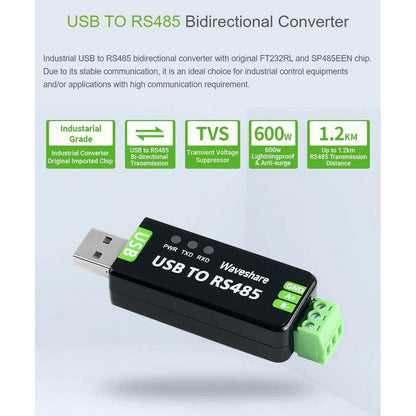 Waveshare Industrial USB to RS485 Converter with Original FT232RL and SP485EEN Embedded Protection Circuits for Industrial Control Equipments and/or Applications