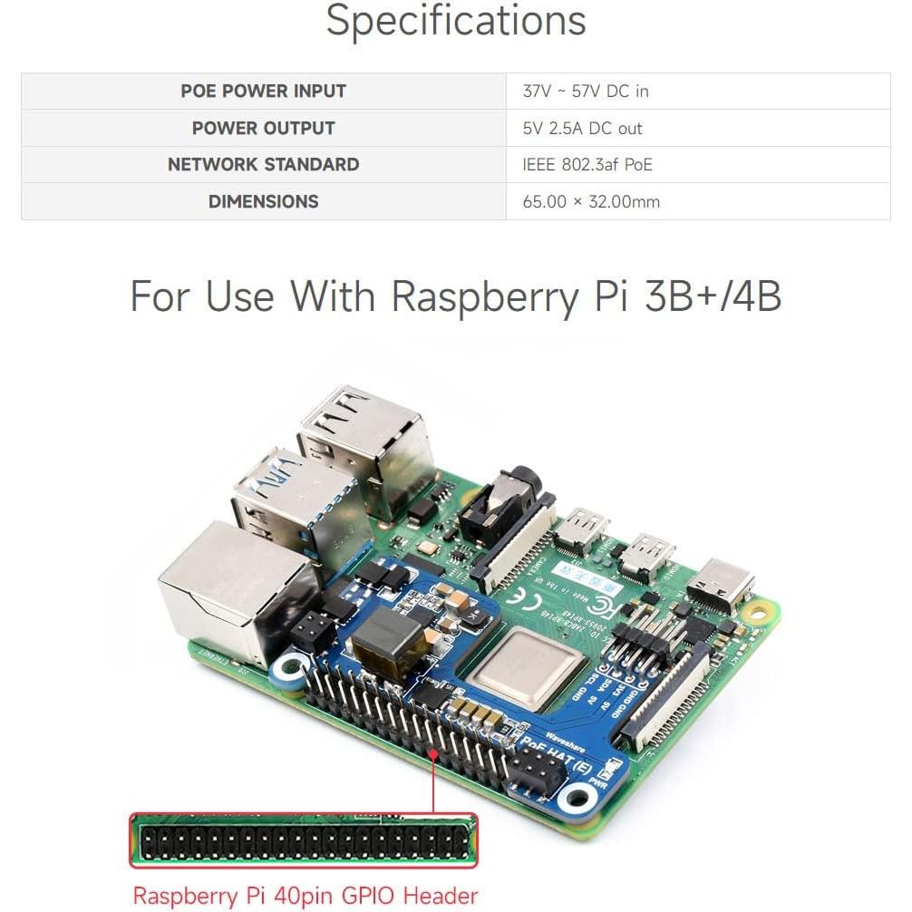 Waveshare PoE HAT(E) for Raspberry Pi Ethernet Power over Expansion Board for Raspberry Pi 3B+/4B for IEEE 802.3Af 1PCS
