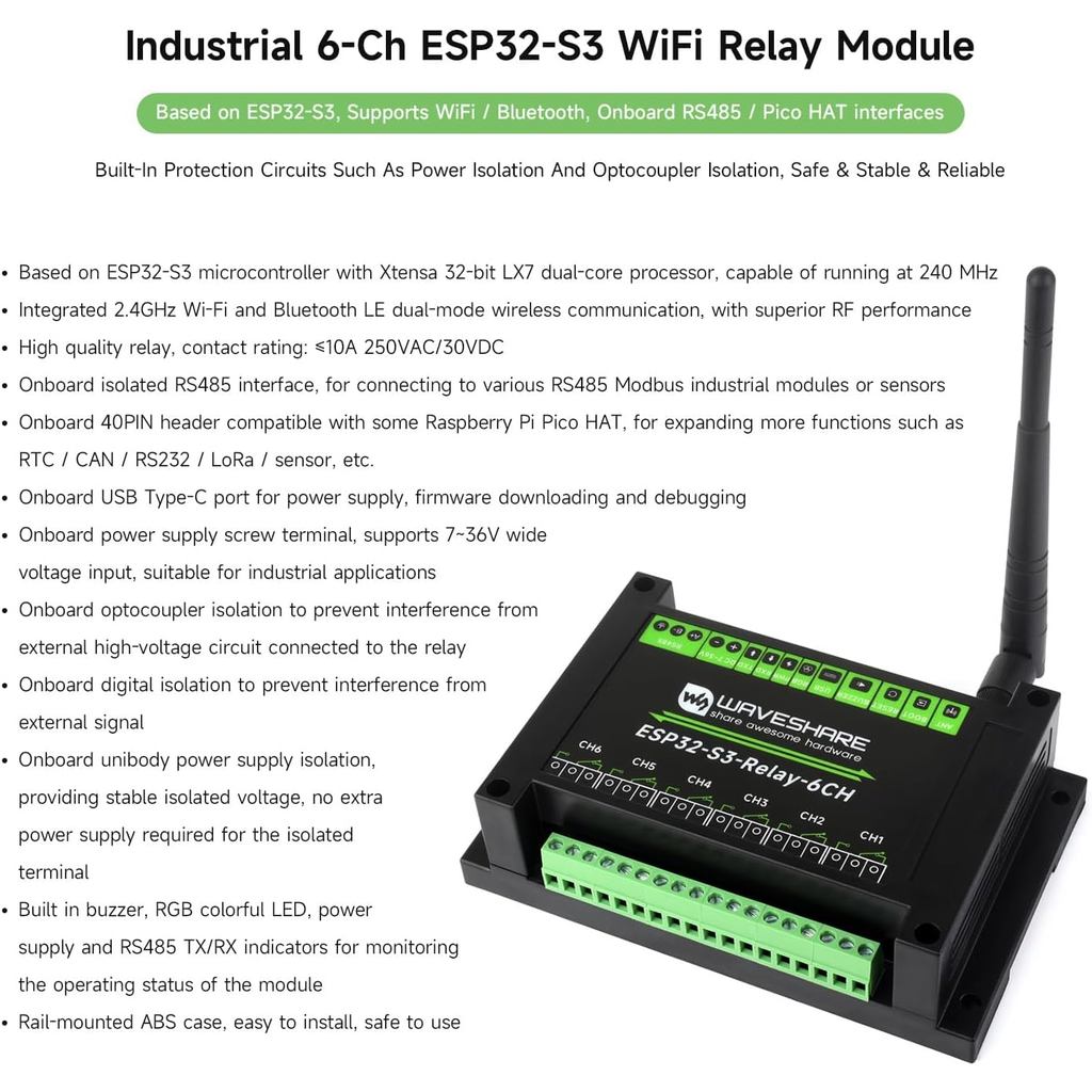Waveshare ESP32-S3 6CH WiFi Relay Module Industrial Grade WiFi Relay Supports WiFi/Bluetooth/RS485/Pico Interface Relay